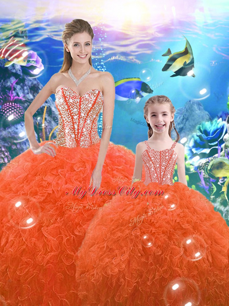 Orange Red Sleeveless Floor Length Beading and Ruffles Lace Up Quinceanera Gowns