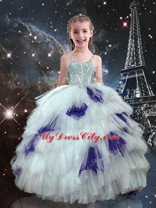 High Class Tulle Sleeveless Floor Length Pageant Dress and Beading and Ruffled Layers