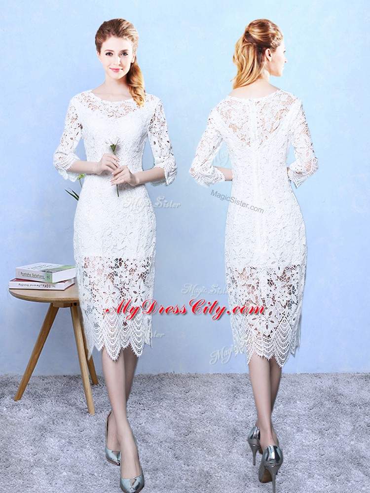 Designer White Scoop Zipper Lace Dama Dress 3 4 Length Sleeve