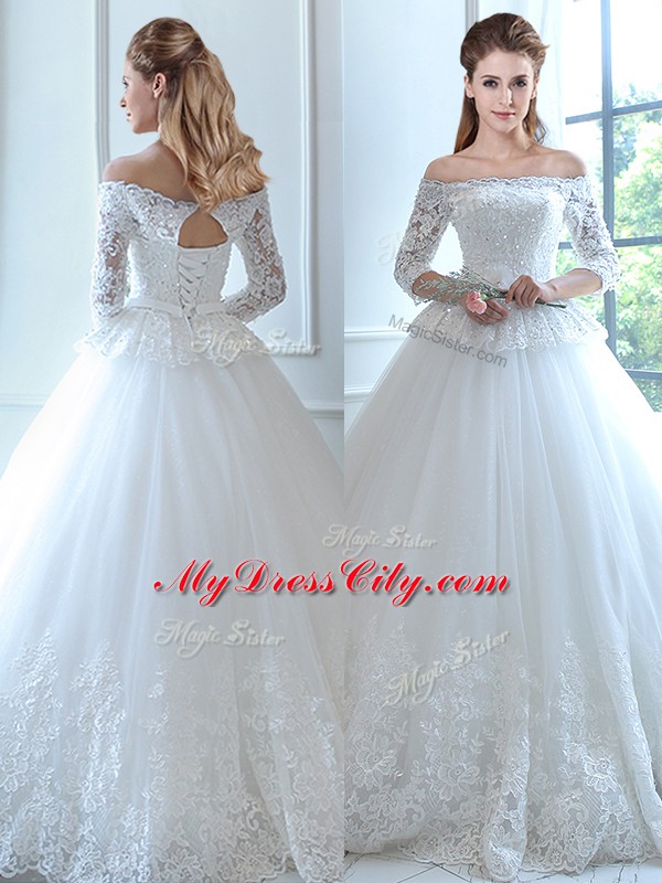 New Style Sleeveless Floor Length Lace and Appliques Lace Up Wedding Gowns with White