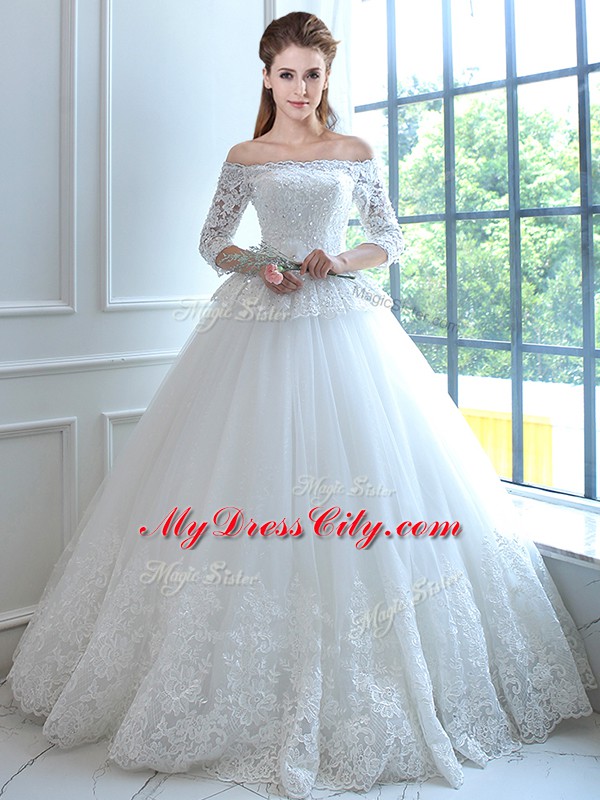 New Style Sleeveless Floor Length Lace and Appliques Lace Up Wedding Gowns with White