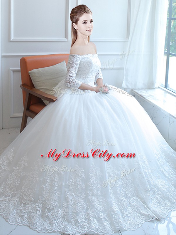 New Style Sleeveless Floor Length Lace and Appliques Lace Up Wedding Gowns with White