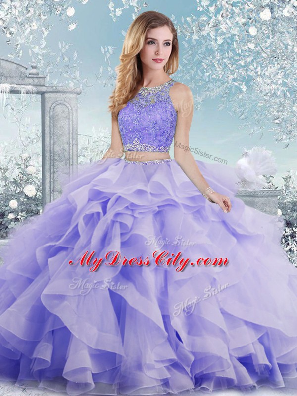 Custom Design Lavender Scoop Clasp Handle Beading and Ruffles Vestidos de Quinceanera Sleeveless