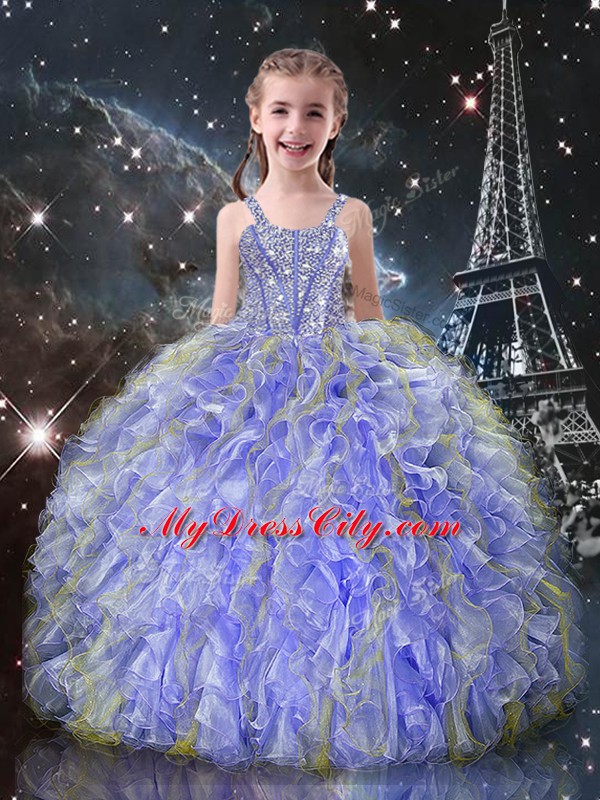 Elegant Sleeveless Floor Length Beading and Ruffles Lace Up Little Girl Pageant Dress with Lavender