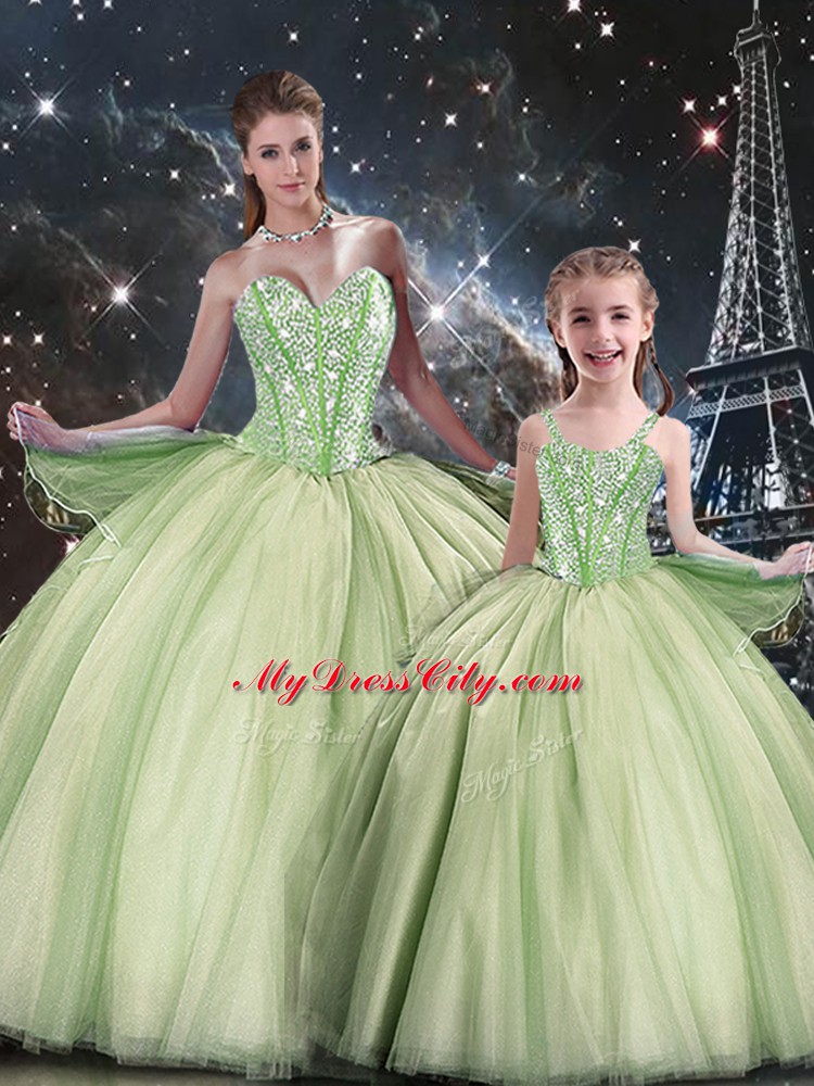 Artistic Yellow Green Ball Gowns Sweetheart Sleeveless Tulle Floor Length Lace Up Beading Quinceanera Gown