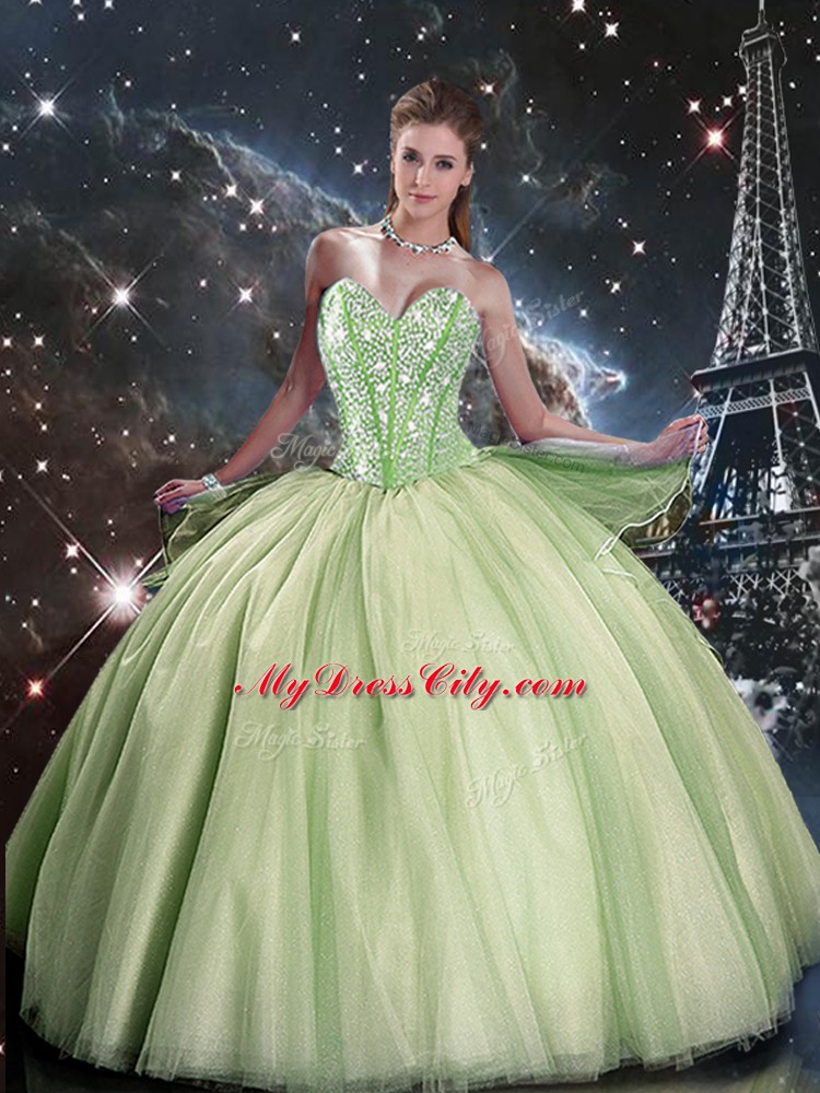 Artistic Yellow Green Ball Gowns Sweetheart Sleeveless Tulle Floor Length Lace Up Beading Quinceanera Gown