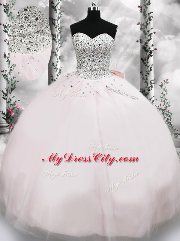 Vintage Pink Ball Gowns Sweetheart Sleeveless Tulle Brush Train Lace Up Beading and Bowknot Sweet 16 Dresses