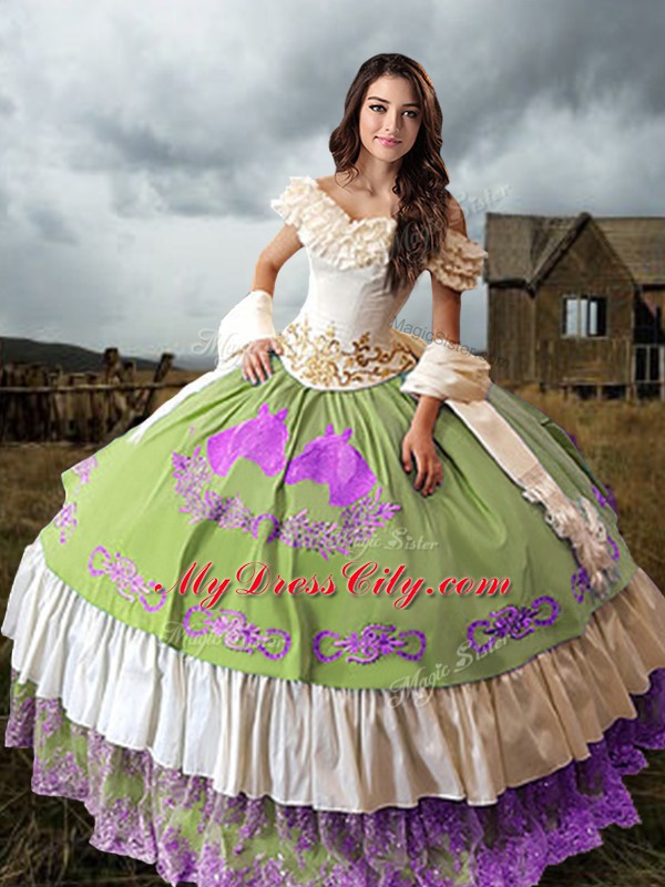 Hot Sale Multi-color Taffeta Lace Up Vestidos de Quinceanera Sleeveless Brush Train Embroidery and Ruffled Layers