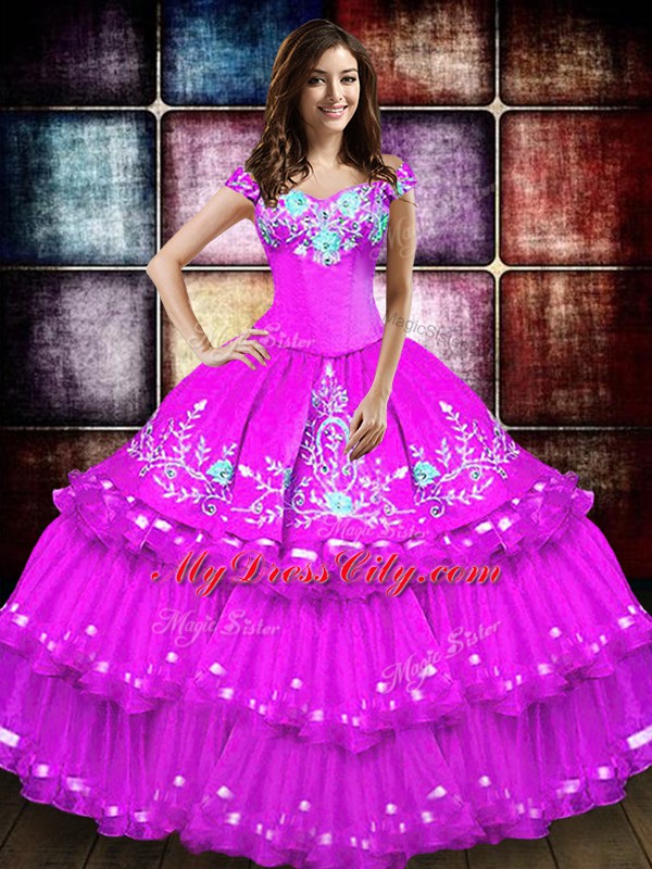 Captivating Fuchsia Taffeta Lace Up Off The Shoulder Sleeveless Floor Length Vestidos de Quinceanera Embroidery and Ruffled Layers