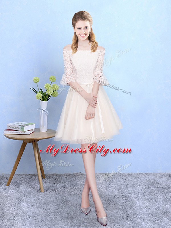 Trendy Champagne Half Sleeves Tulle Lace Up Damas Dress for Wedding Party