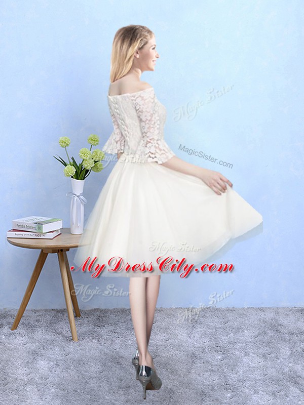 Trendy Champagne Half Sleeves Tulle Lace Up Damas Dress for Wedding Party