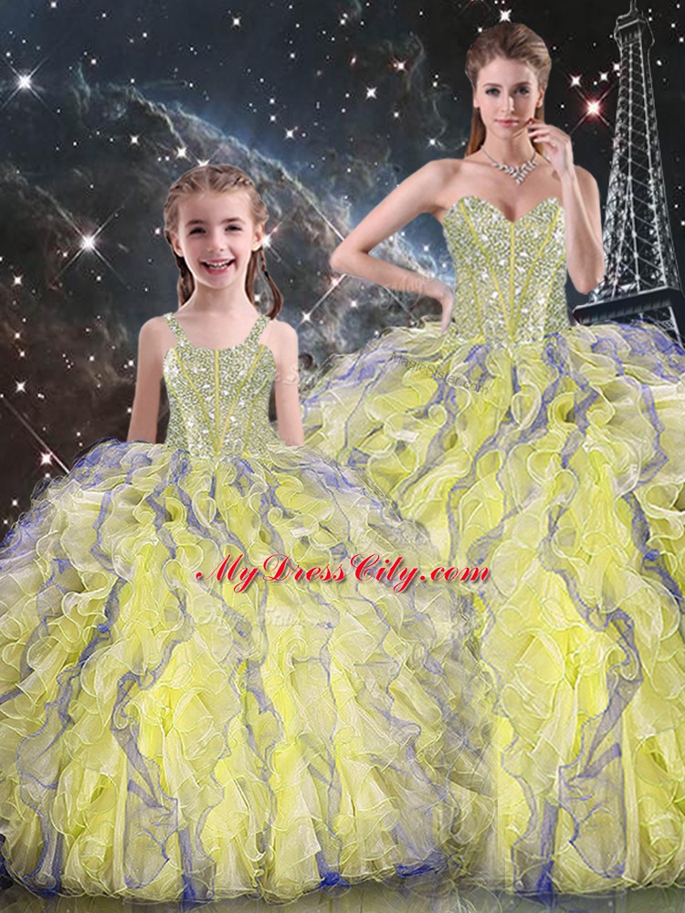 Romantic Yellow Sweetheart Neckline Beading and Ruffles Quinceanera Dress Sleeveless Lace Up