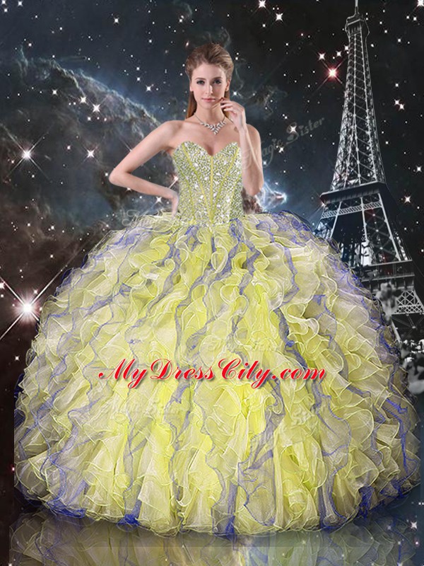 Romantic Yellow Sweetheart Neckline Beading and Ruffles Quinceanera Dress Sleeveless Lace Up