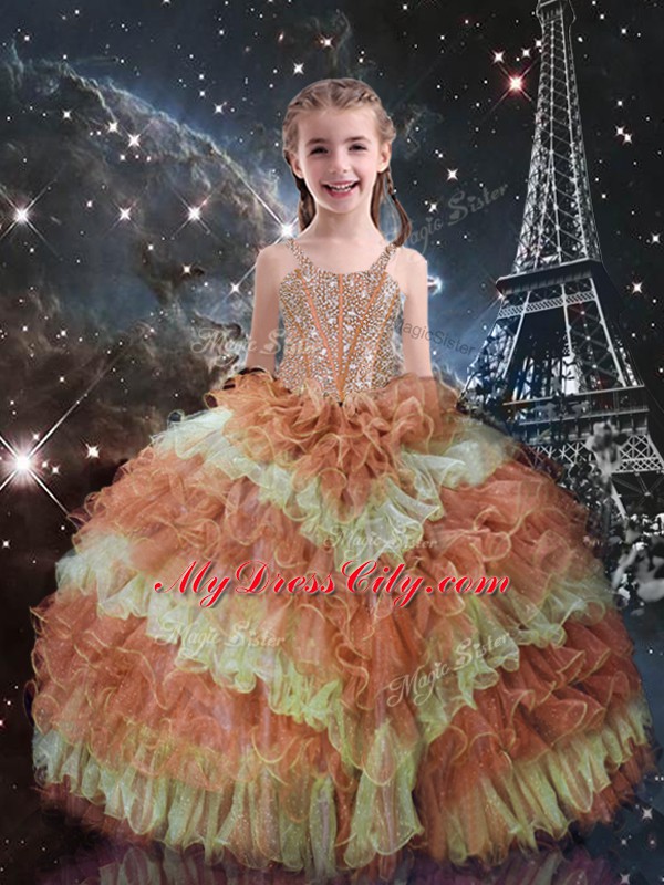 Multi-color Organza Lace Up 15th Birthday Dress Sleeveless Floor Length Beading and Ruffled Layers and Sequins