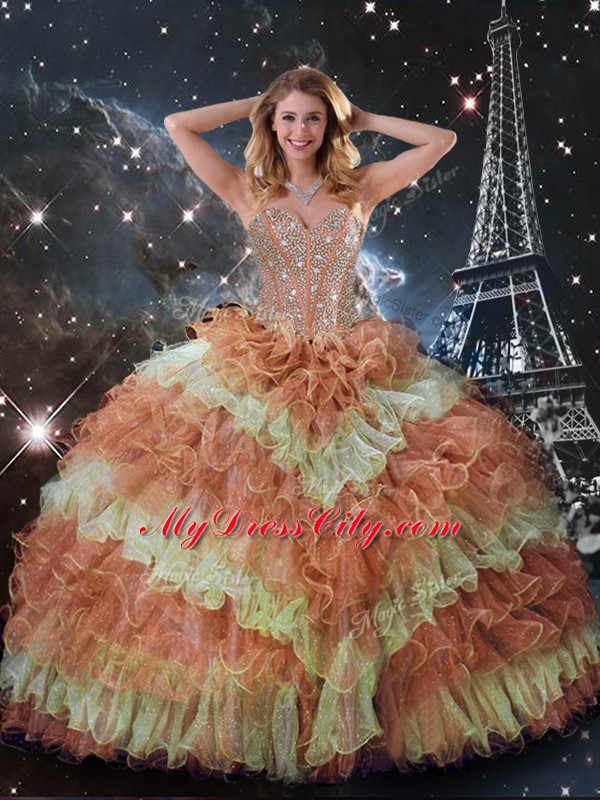 Multi-color Organza Lace Up 15th Birthday Dress Sleeveless Floor Length Beading and Ruffled Layers and Sequins