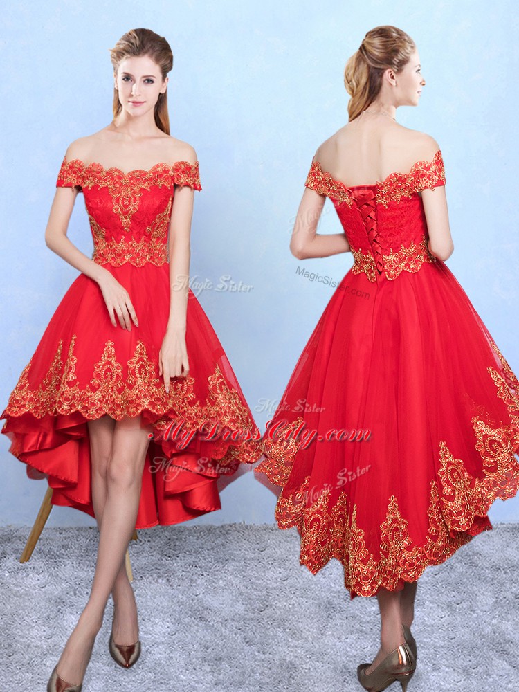 Best Selling Appliques Quinceanera Court of Honor Dress Wine Red Lace Up Sleeveless High Low