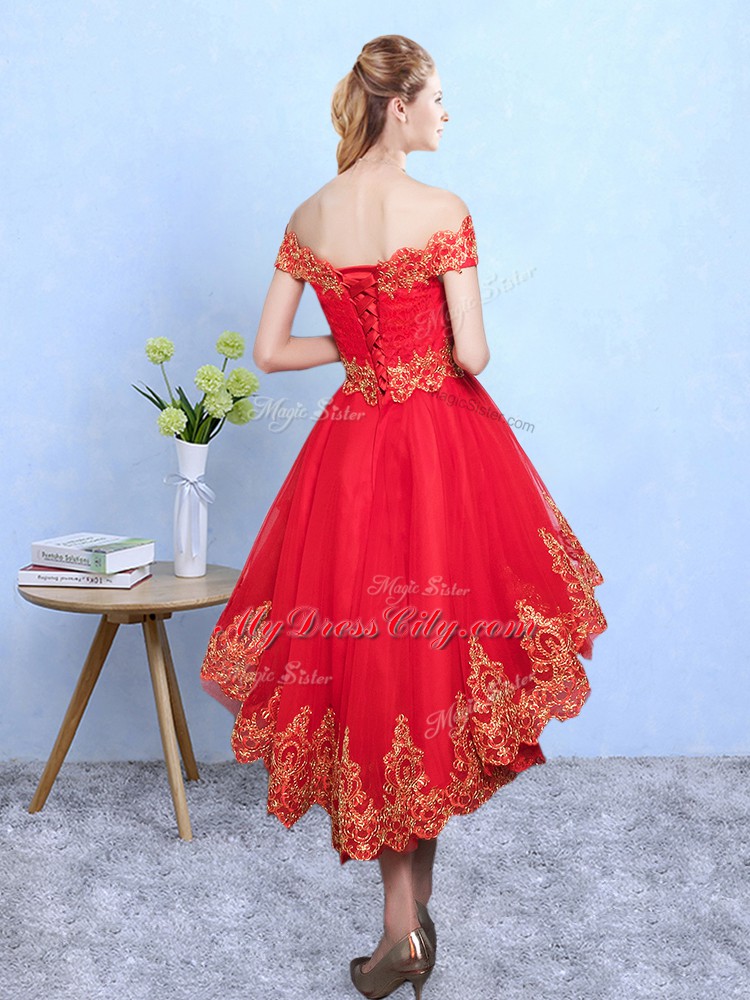 Best Selling Appliques Quinceanera Court of Honor Dress Wine Red Lace Up Sleeveless High Low