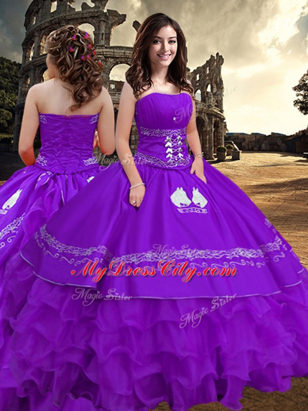 Floor Length Zipper Ball Gown Prom Dress Purple for Military Ball and Sweet 16 and Quinceanera with Embroidery and Ruffled Layers