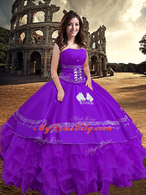 Floor Length Zipper Ball Gown Prom Dress Purple for Military Ball and Sweet 16 and Quinceanera with Embroidery and Ruffled Layers