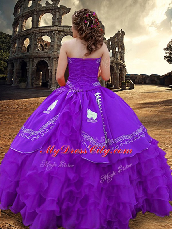 Floor Length Zipper Ball Gown Prom Dress Purple for Military Ball and Sweet 16 and Quinceanera with Embroidery and Ruffled Layers