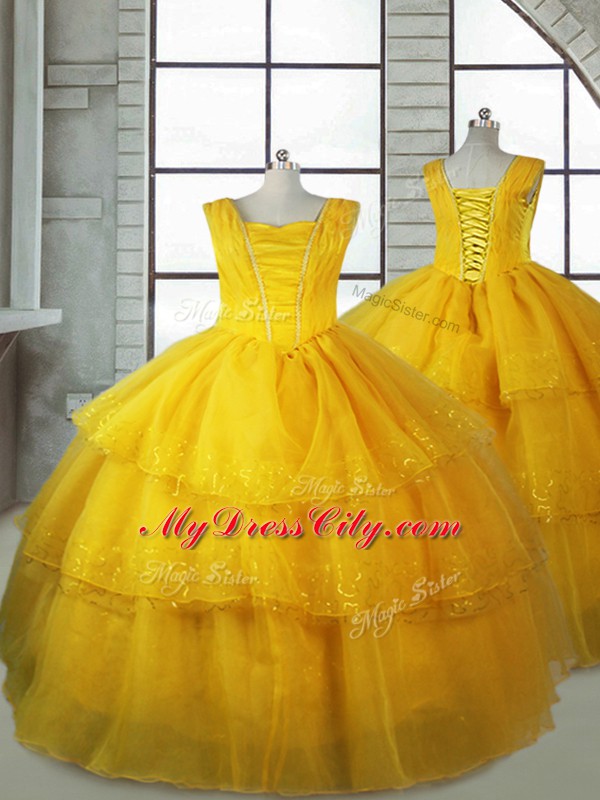 Ruffled Layers Winning Pageant Gowns Gold Lace Up Sleeveless Floor Length