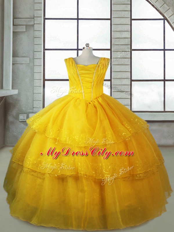 Ruffled Layers Winning Pageant Gowns Gold Lace Up Sleeveless Floor Length