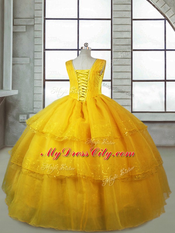 Ruffled Layers Winning Pageant Gowns Gold Lace Up Sleeveless Floor Length