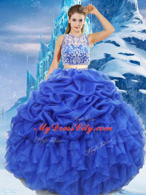 Royal Blue Sleeveless Floor Length Beading and Ruffles and Pick Ups Zipper Sweet 16 Dress