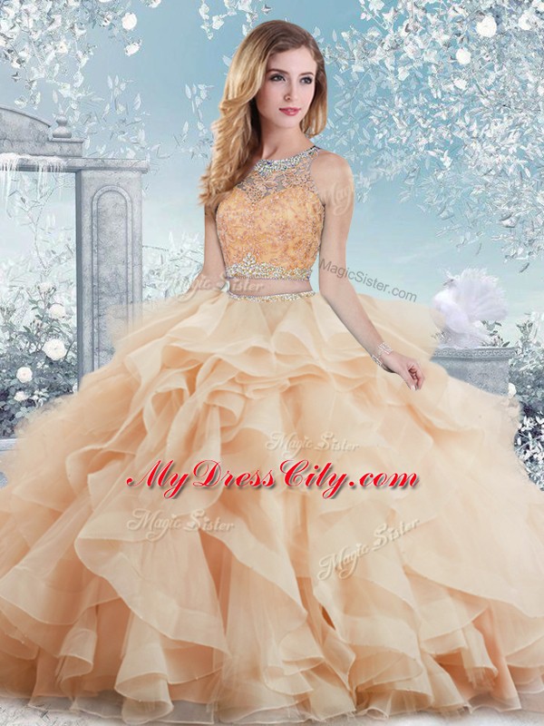 Flare Floor Length Ball Gowns Sleeveless Peach Vestidos de Quinceanera Clasp Handle