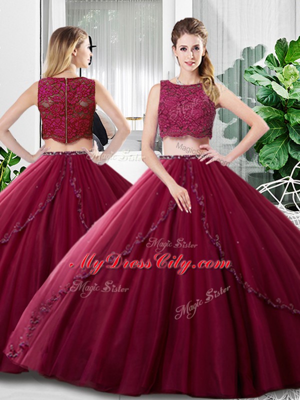 Artistic Scoop Sleeveless Sweet 16 Quinceanera Dress Floor Length Lace and Ruching Burgundy Tulle