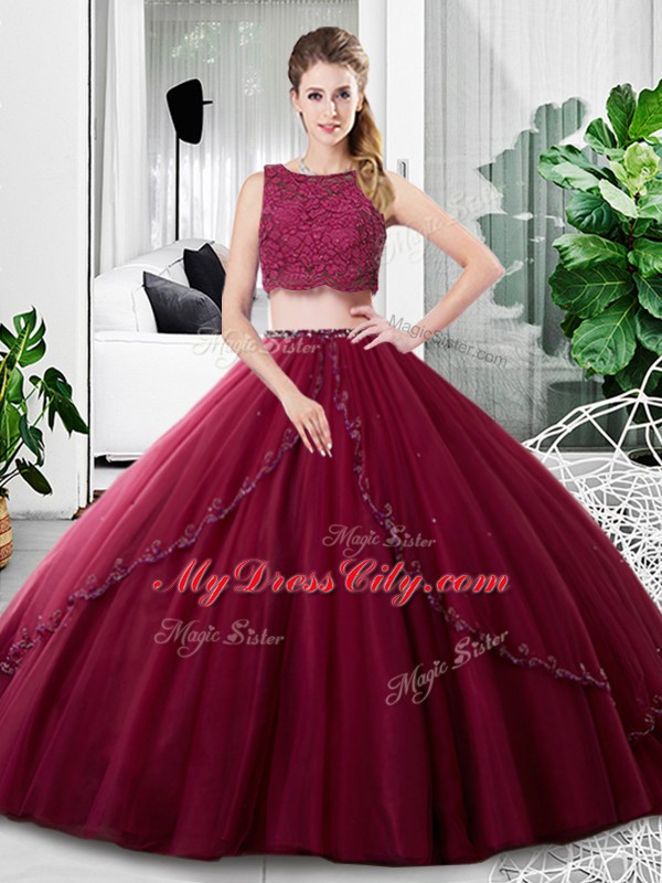 Artistic Scoop Sleeveless Sweet 16 Quinceanera Dress Floor Length Lace and Ruching Burgundy Tulle