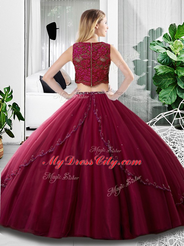 Artistic Scoop Sleeveless Sweet 16 Quinceanera Dress Floor Length Lace and Ruching Burgundy Tulle