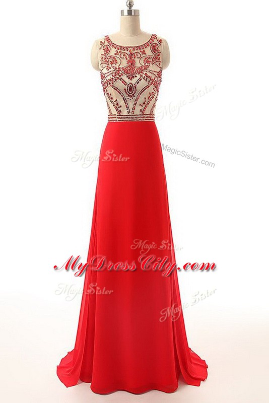 Edgy Side Zipper Prom Party Dress Red for Prom and Party with Beading Brush Train