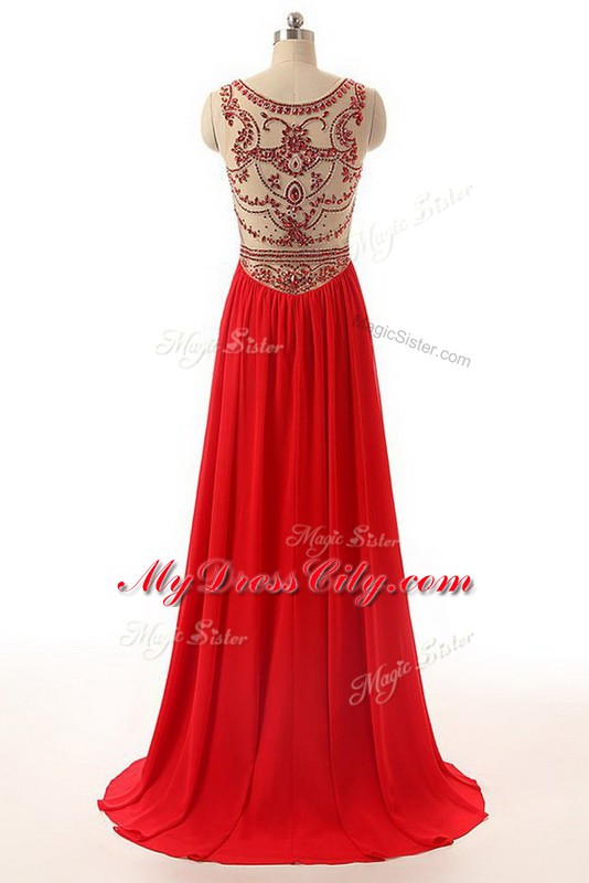 Edgy Side Zipper Prom Party Dress Red for Prom and Party with Beading Brush Train