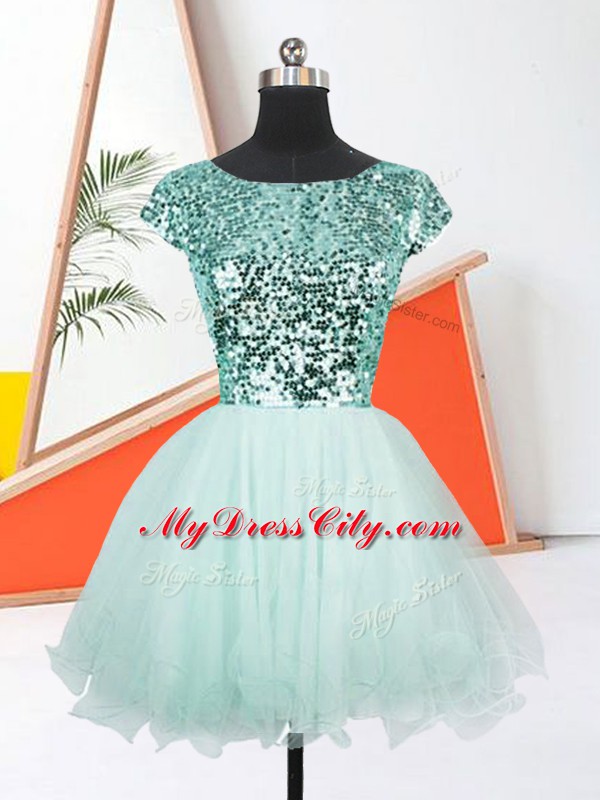 New Style Mini Length Apple Green Dress for Prom Organza Short Sleeves Sequins