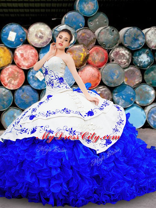 Royal Blue Ball Gowns Organza Strapless Sleeveless Embroidery and Ruffles Lace Up Quince Ball Gowns Brush Train