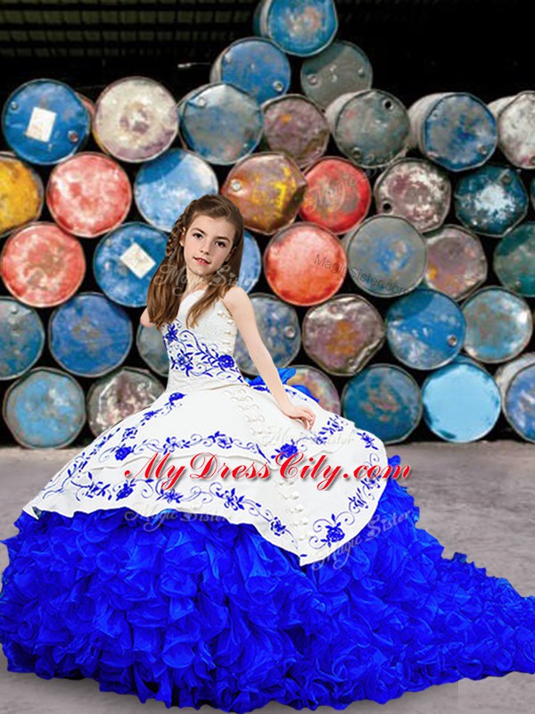 Royal Blue Ball Gowns Organza Strapless Sleeveless Embroidery and Ruffles Lace Up Quince Ball Gowns Brush Train