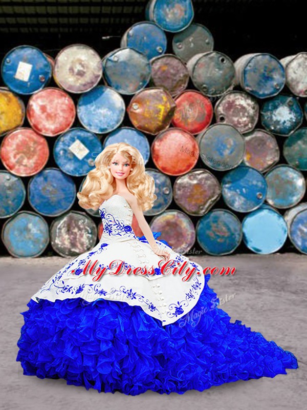 Royal Blue Ball Gowns Organza Strapless Sleeveless Embroidery and Ruffles Lace Up Quince Ball Gowns Brush Train