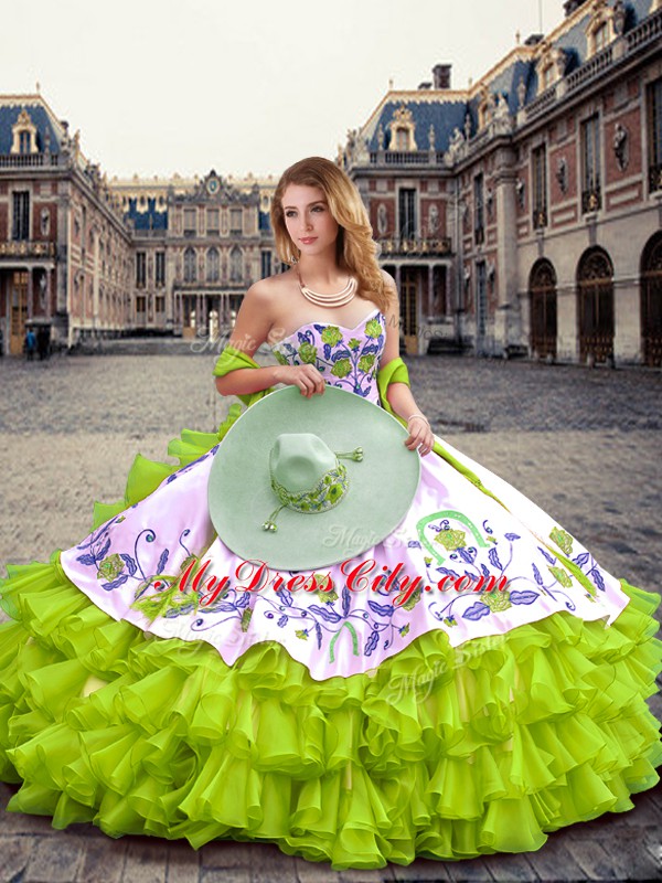 Charming Yellow Green Quinceanera Dress Military Ball and Sweet 16 and Quinceanera with Embroidery and Ruffled Layers Sweetheart Sleeveless Lace Up