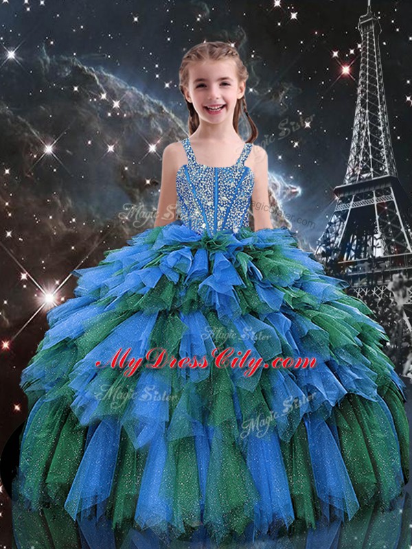 Inexpensive Blue Sleeveless Beading and Ruffles Floor Length Pageant Gowns For Girls