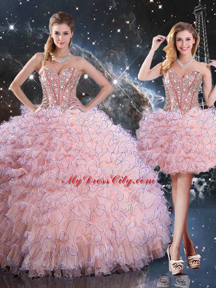 Glorious Beading and Ruffles 15th Birthday Dress Baby Pink Lace Up Sleeveless Floor Length