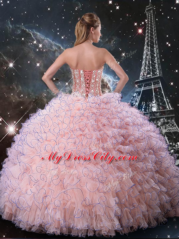 Glorious Beading and Ruffles 15th Birthday Dress Baby Pink Lace Up Sleeveless Floor Length