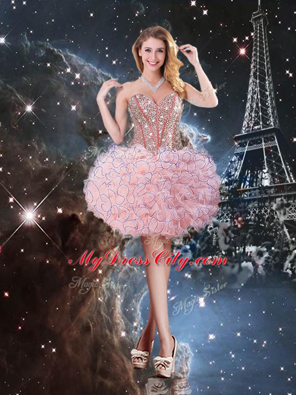 Glorious Beading and Ruffles 15th Birthday Dress Baby Pink Lace Up Sleeveless Floor Length