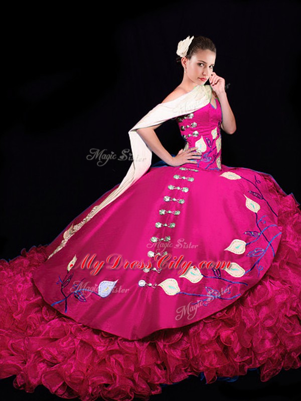 Fantastic Fuchsia V-neck Lace Up Embroidery and Ruffles Sweet 16 Dress Brush Train Sleeveless