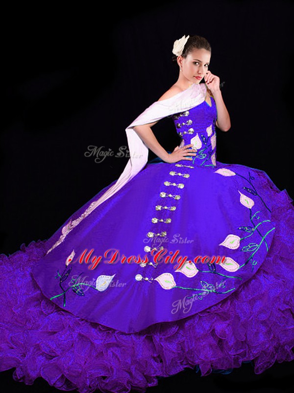 Organza Sweetheart Sleeveless Brush Train Lace Up Embroidery and Ruffles Quinceanera Gown in Purple