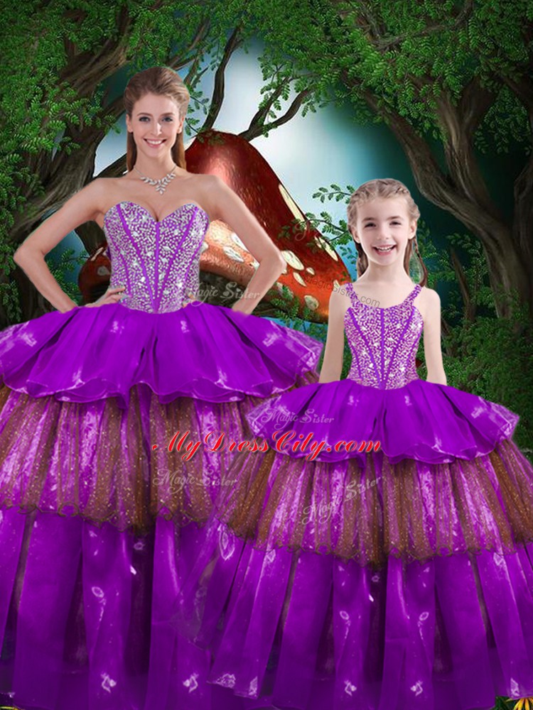 Super Purple Sleeveless Beading and Ruffled Layers Floor Length Quinceanera Dress