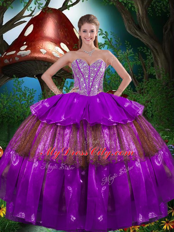 Super Purple Sleeveless Beading and Ruffled Layers Floor Length Quinceanera Dress