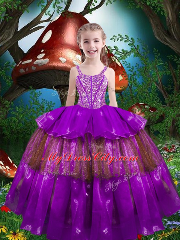 Super Purple Sleeveless Beading and Ruffled Layers Floor Length Quinceanera Dress