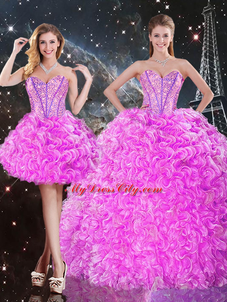 Three Pieces Ball Gown Prom Dress Fuchsia Sweetheart Organza Sleeveless Floor Length Lace Up