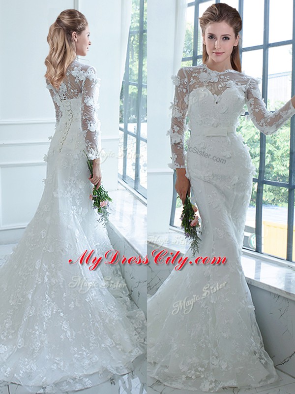 Elegant White Lace Lace Up High-neck Long Sleeves Wedding Dresses Brush Train Lace